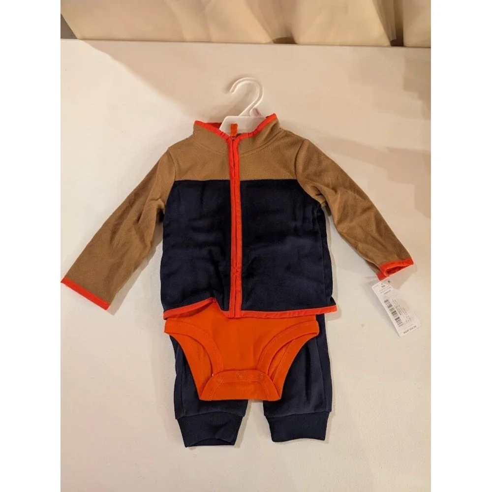 Carter's Baby Boy 3-Piece Fleece Jacket Set 9M Brown Navy Orange NWT‎